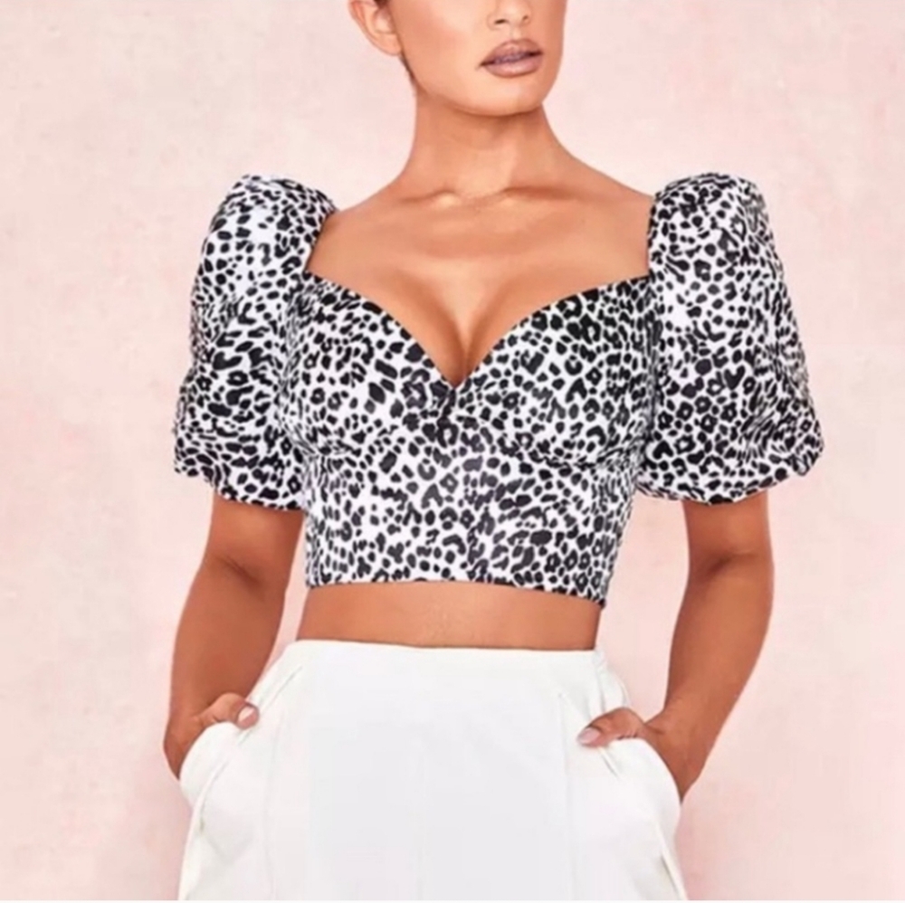 NWT House of CB Lou Dalmatian Satin‎ Crop Top Leopard Size Medium Puff Sleeve